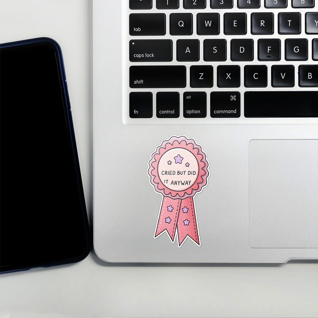 Cried But Did It Anyway Sticker - Funny, Trendy Mental Health Decal for Laptops and Water Bottles