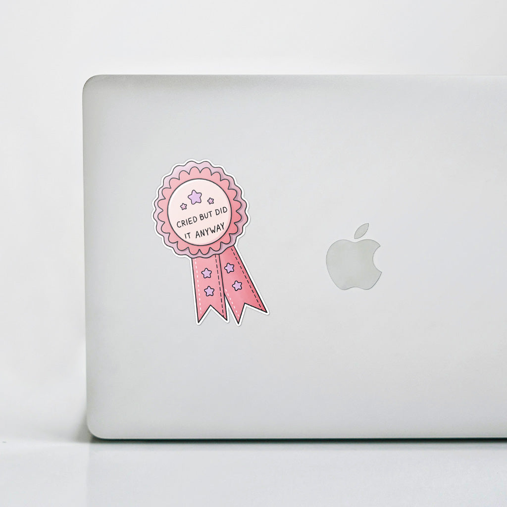 Cried But Did It Anyway Sticker - Funny, Trendy Mental Health Decal for Laptops and Water Bottles